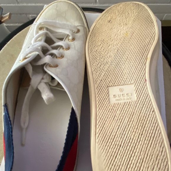 GUCCI MONOGRAMMED FABRIC SNEAKERS RUBBER SHOES 9.5-womens; mens-7.5 laced ITALy - Picture 4 of 11